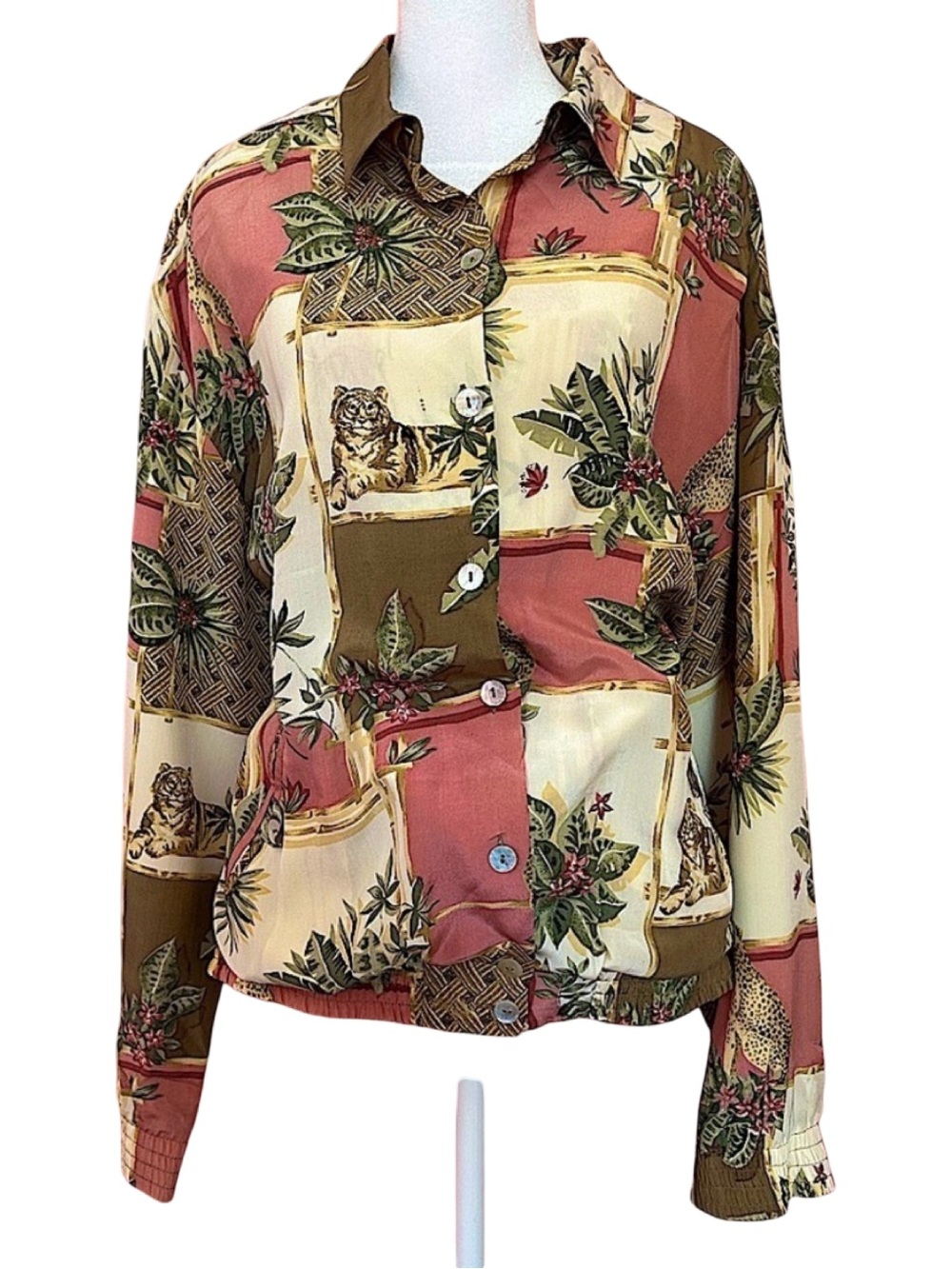 Vintage coastal Grandma Grannycore 100% silk cheetah tropical blouson jacket 16